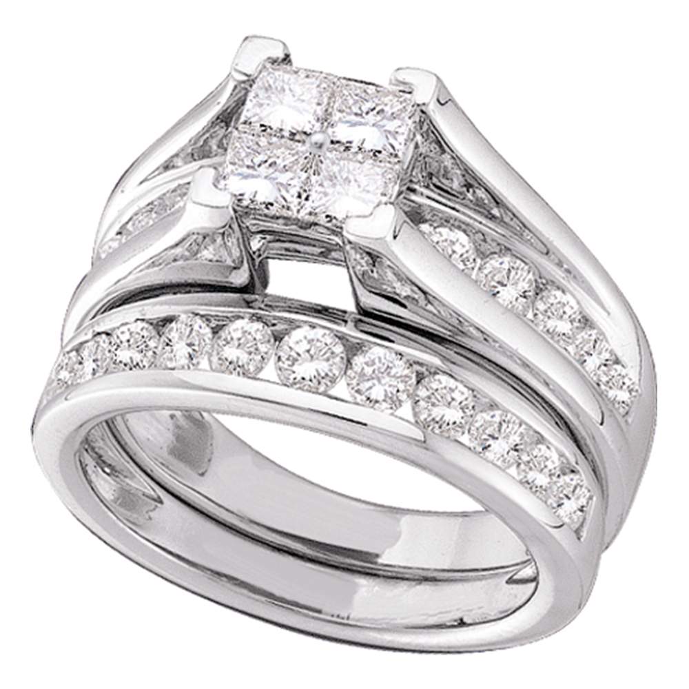 14kt White Gold Womens Princess Diamond Bridal Wedding Engagement Ring Band Set 3.00 Cttw