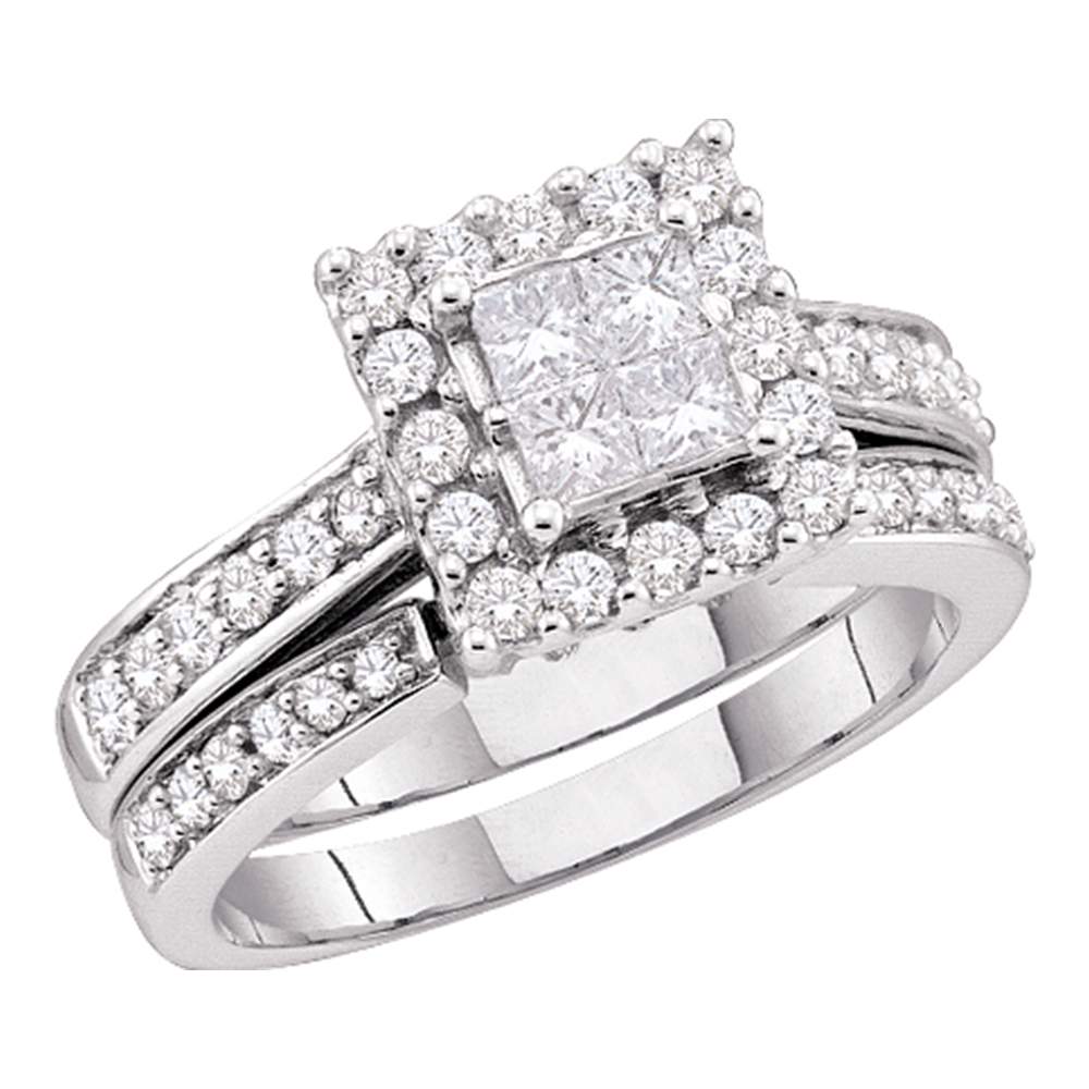 14kt White Gold Womens Princess Diamond Square Halo Bridal Wedding Engagement Ring Band Set 1/2 Cttw