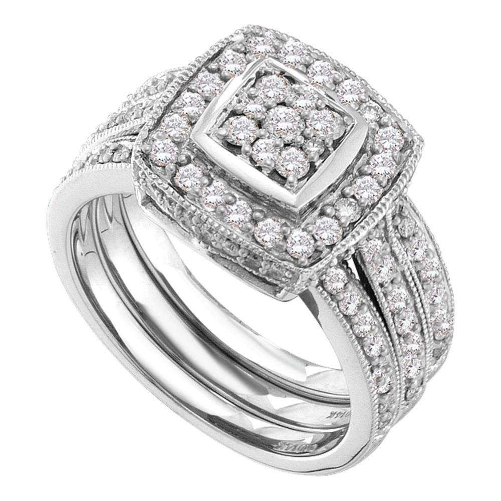 14kt White Gold Womens Diamond Cluster 3-Piece Bridal Wedding Engagement Ring Band Set 1.00 Cttw