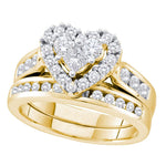 14k Yellow Gold Womens Round Princess Diamond Heart Wedding Bridal Ring Set 1.00 Cttw