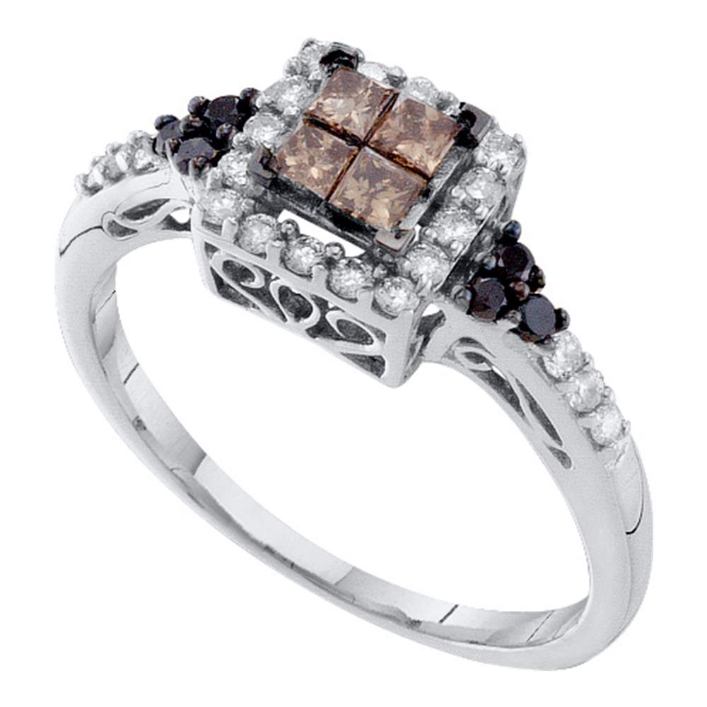 14kt White Gold Womens Princess Cognac-brown Color Enhanced Diamond Cocktail Ring 1/2 Cttw