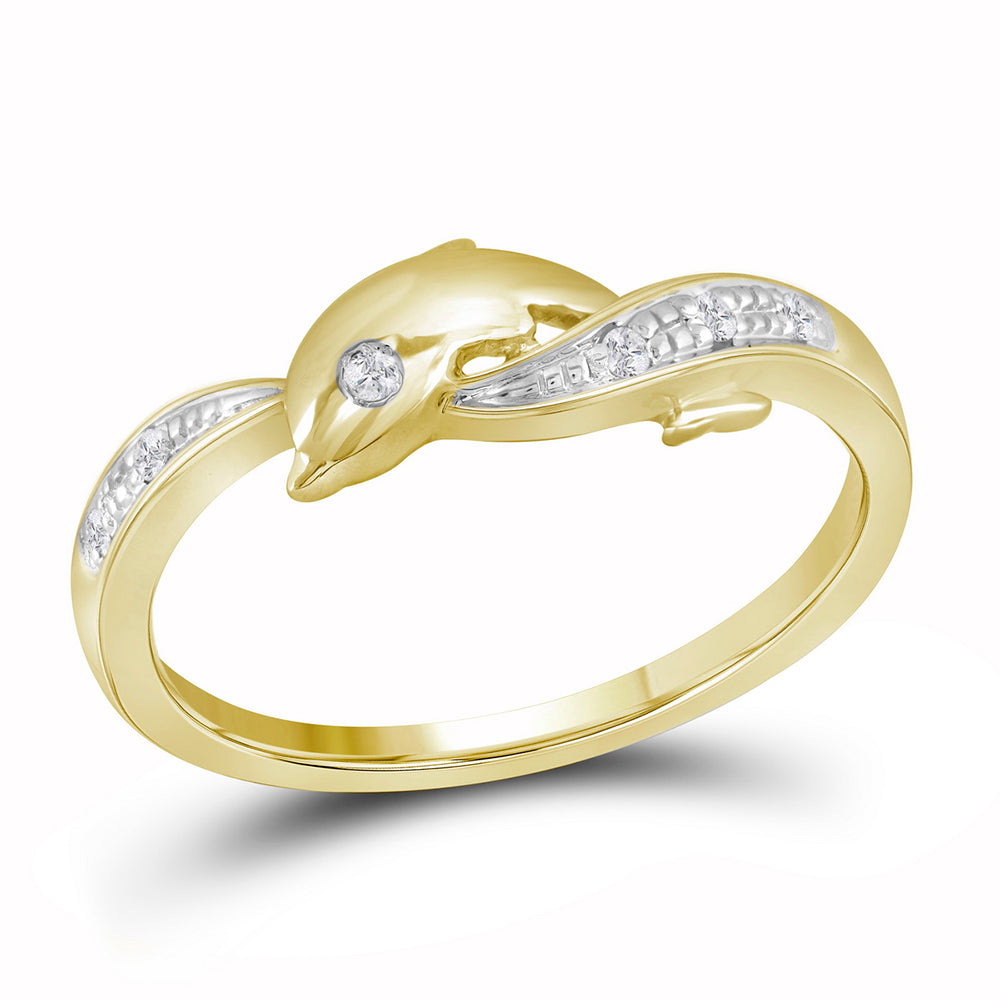 10kt Yellow Gold Womens Round Diamond Two-tone Dolphin Fish Animal Ring .03 Cttw