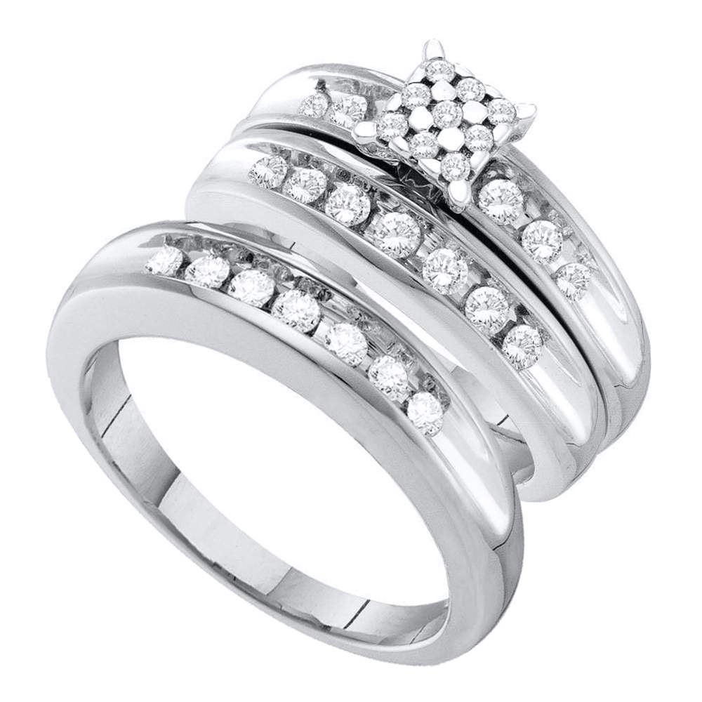 10kt White Gold His & Hers Round Diamond Cluster Matching Bridal Wedding Ring Band Set 3/4 Cttw