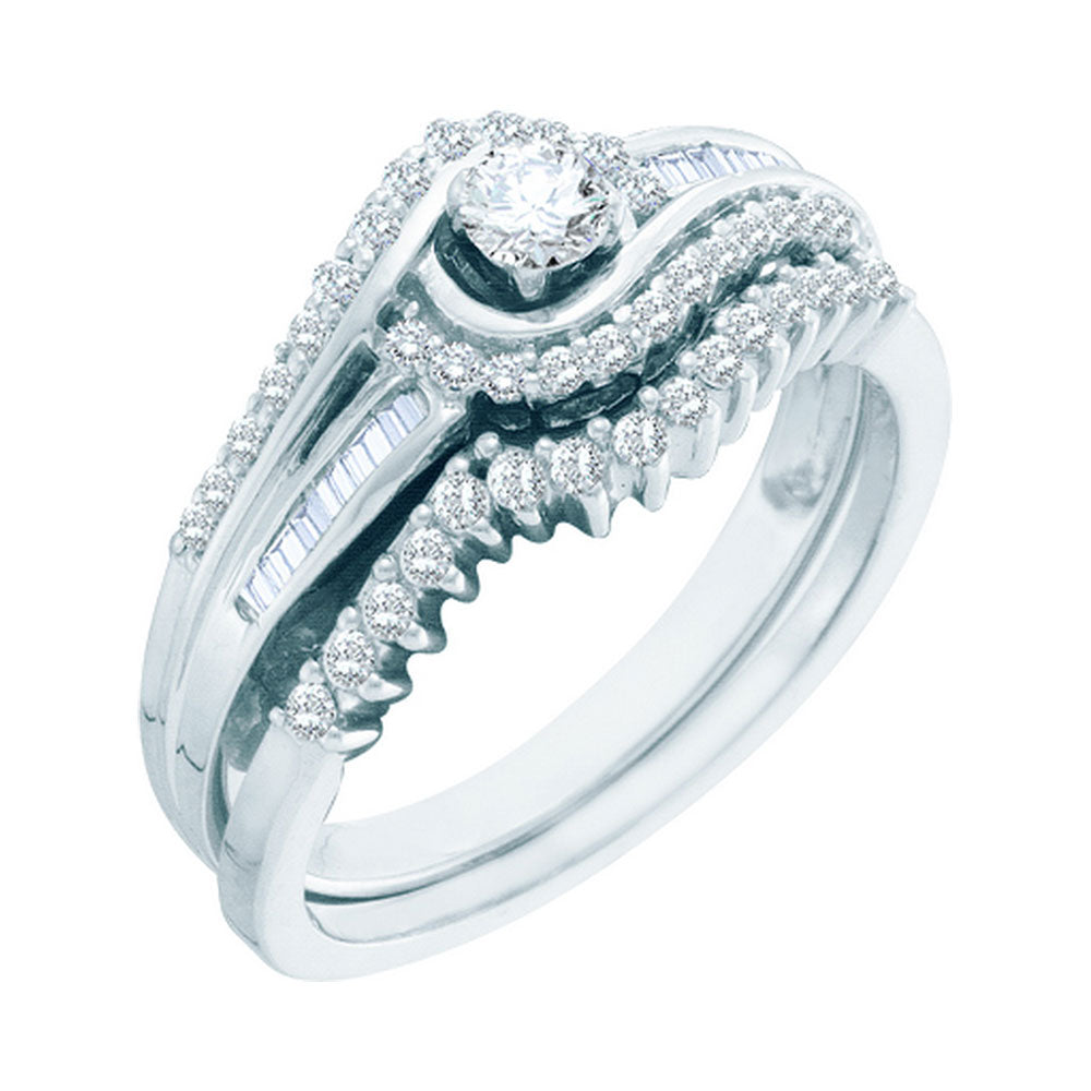 10kt White Gold Womens Round Diamond Swirl Bridal Wedding Engagement Ring Band Set 1/2 Cttw