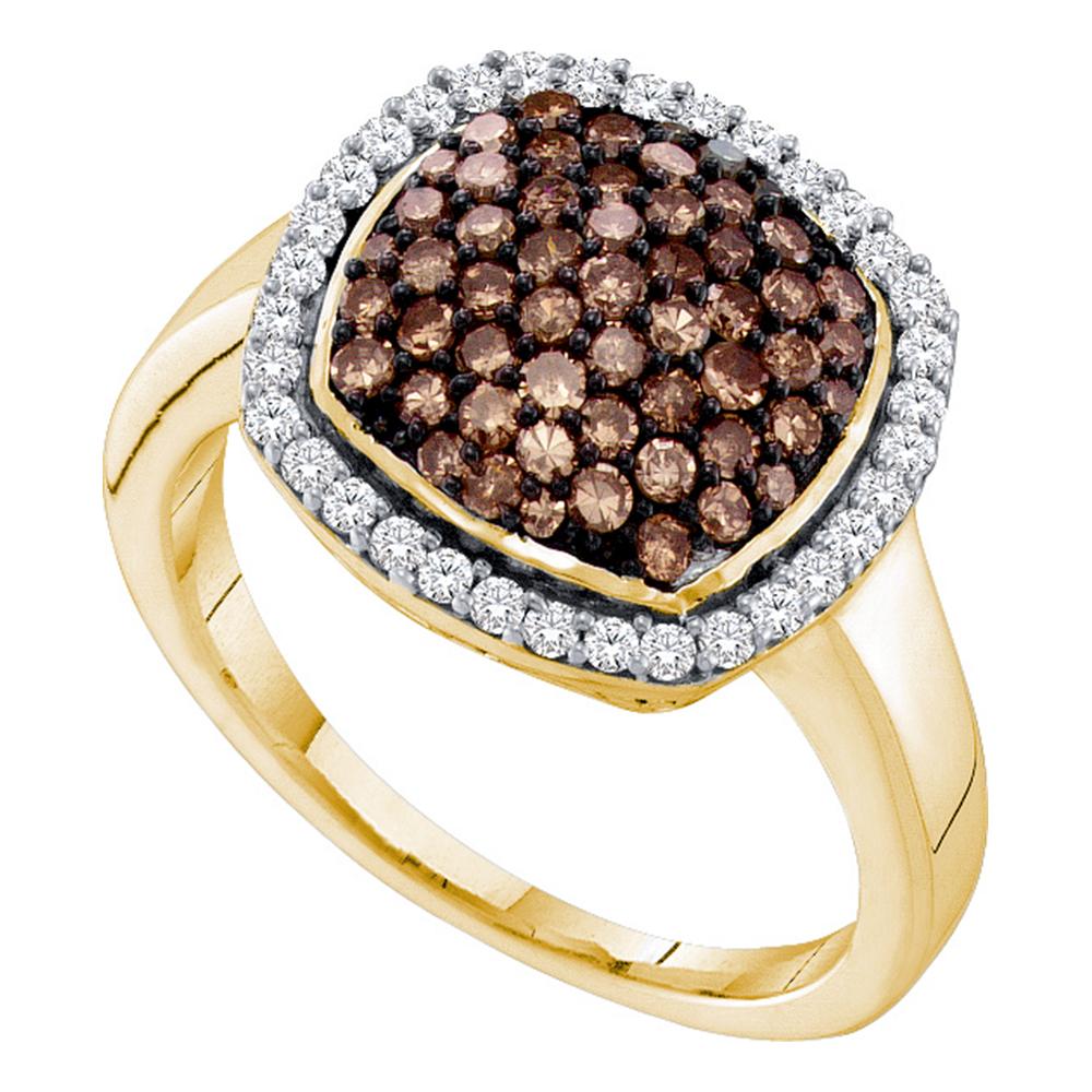 10kt Yellow Gold Womens Round Cognac-brown Color Enhanced Diamond Square Cluster Ring 7/8 Cttw