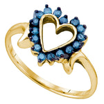 10kt Yellow Gold Womens Round Blue Color Enhanced Diamond Heart Love Ring 1/4 Cttw