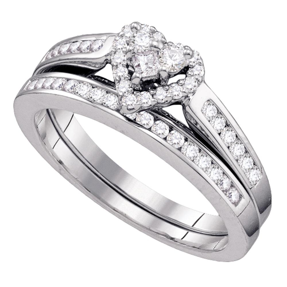 14kt White Gold Womens Diamond Heart Bridal Wedding Engagement Ring Band Set 1/2 Cttw