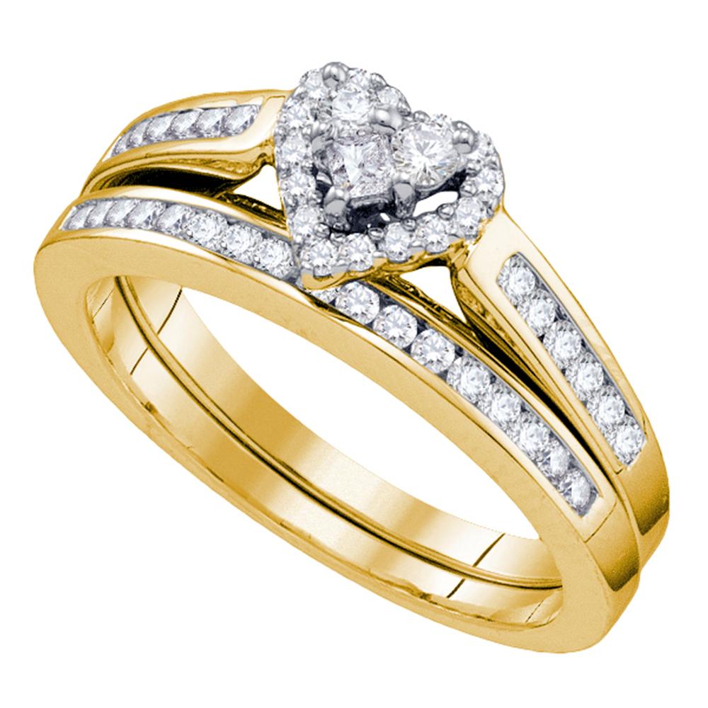 14kt Yellow Gold Womens Diamond Heart Love Bridal Wedding Engagement Ring Band Set 1/2 Cttw