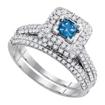 14kt White Gold Womens Princess Blue Color Enhanced Diamond Bridal Wedding Engagement Ring Band Set 1-1/4 Cttw