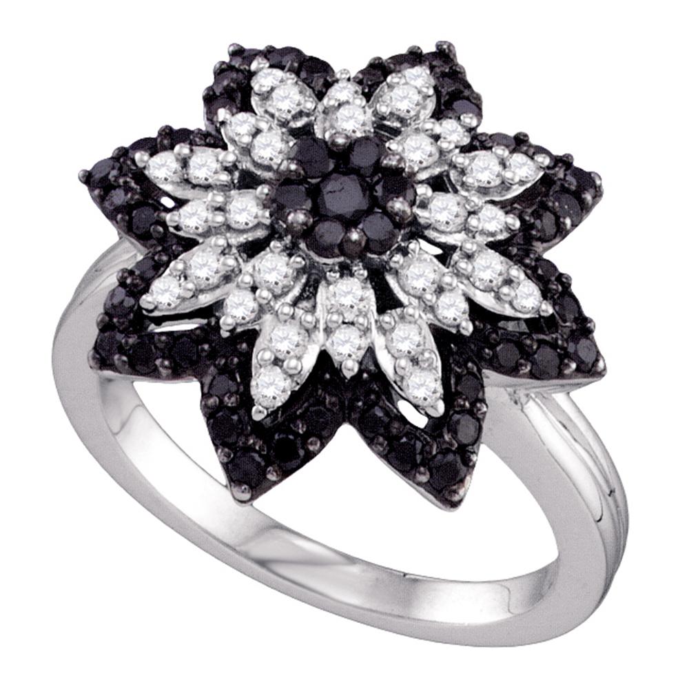 10kt White Gold Womens Round Black Color Enhanced Diamond Flower Cluster Ring 7/8 Cttw