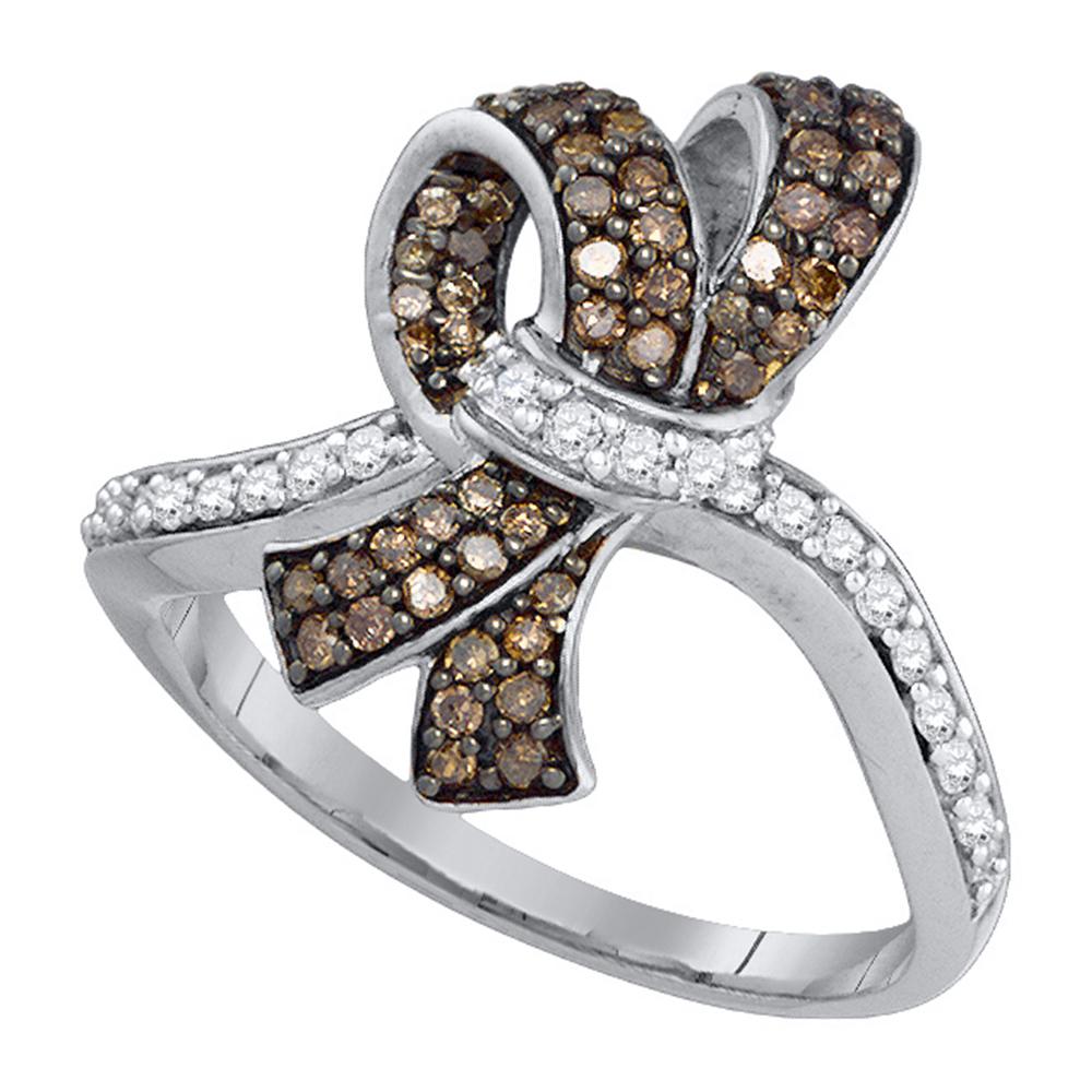 10kt White Gold Womens Round Brown Color Enhanced Diamond Knot Bow Ring 1/2 Cttw