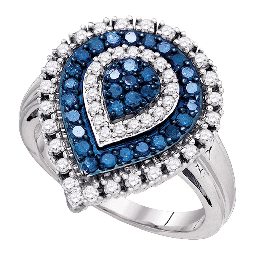 10kt White Gold Womens Round Blue Color Enhanced Diamond Teardrop Cluster Ring 1.00 Cttw