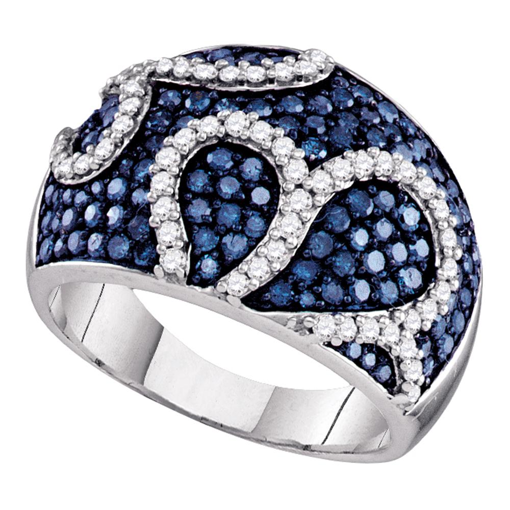 10kt White Gold Womens Round Blue Color Enhanced Diamond Striped Fashion Ring 1-3/8 Cttw