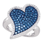 10kt White Gold Womens Round Blue Color Enhanced Diamond Large Heart Cluster Ring 1-1/2 Cttw