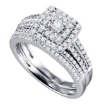 14kt White Gold Womens Round Diamond Double Halo Bridal Wedding Engagement Ring Band Set 3/4 Cttw