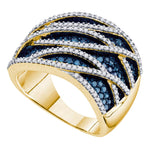 10kt Yellow Gold Womens Round Blue Color Enhanced Diamond Striped Fashion Ring 1-1/3 Cttw