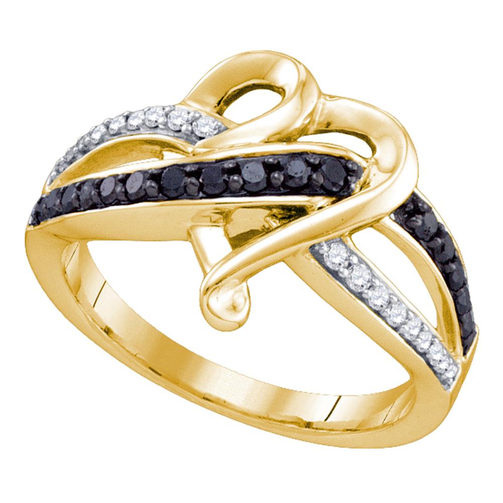 10kt Yellow Gold Womens Round Black Color Enhanced Diamond Striped Heart Ring 1/3 Cttw