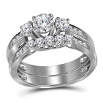 14k White Gold Womens Round 3-stone Diamond Wedding Bridal Ring Set 1.00 Cttw