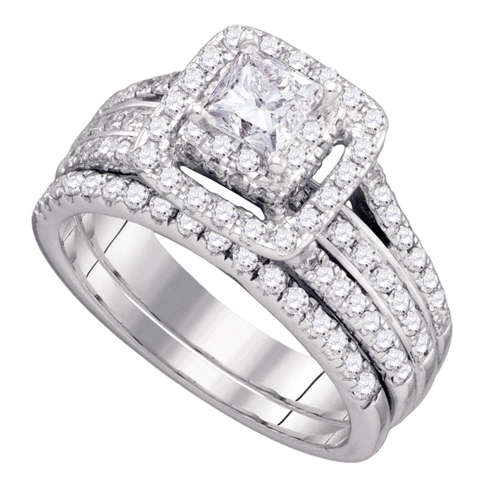 14kt White Gold Womens Princess Diamond Bridal Wedding Engagement Ring Band Set 1-1/2 Cttw