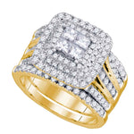 14kt Yellow Gold Womens Princess Diamond Cluster Halo Bridal Wedding Engagement Ring Band Set 2.00 Cttw