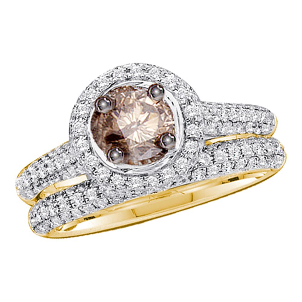 14kt Yellow Gold Womens Round Cognac-brown Color Enhanced Diamond Bridal Wedding Engagement Ring Set Size 8