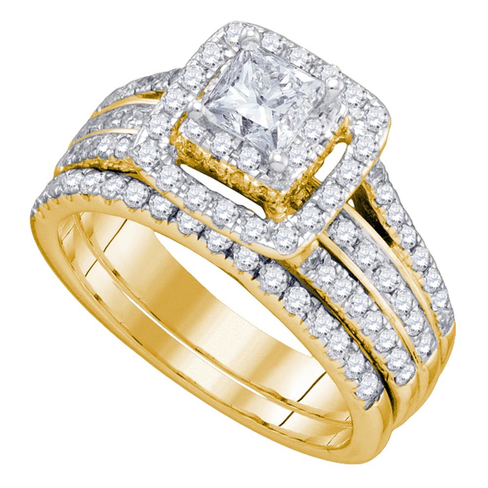 14kt Yellow Gold Womens Princess Diamond Bridal Wedding Engagement Ring Band Set 1-1/2 Cttw