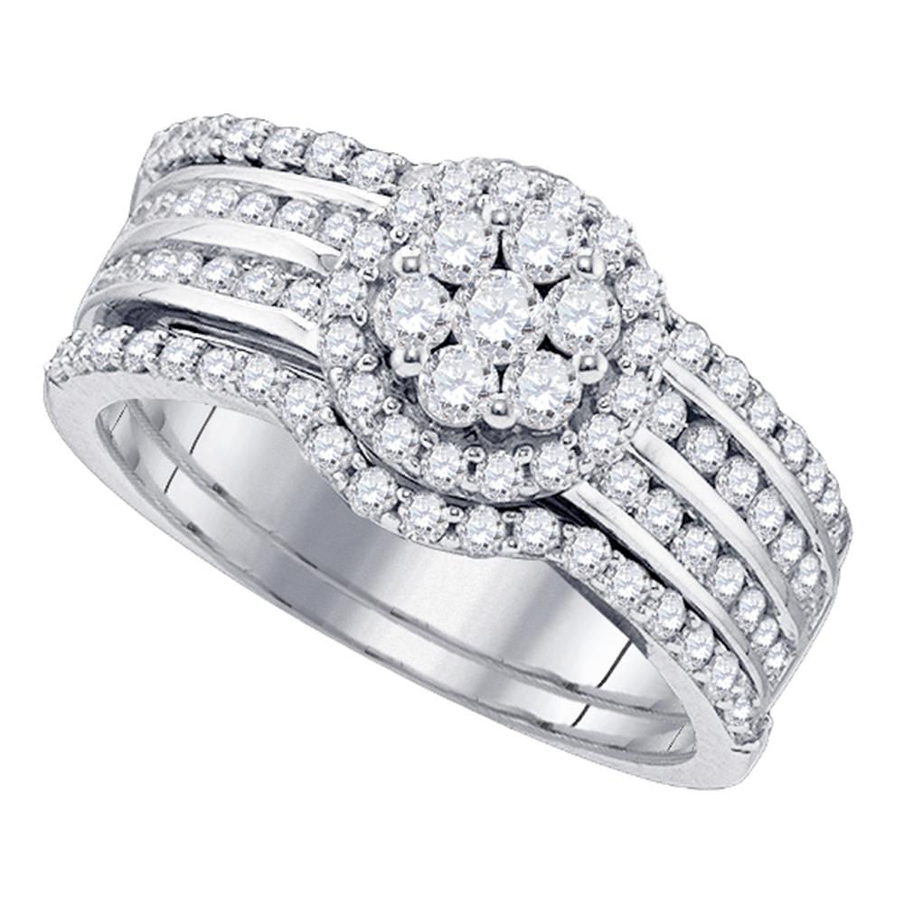 14kt White Gold Womens Round Diamond Cluster 3-Piece Bridal Wedding Engagement Ring Band Set 1-1/10 Cttw