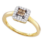 10kt Yellow Gold Womens Princess Cognac-brown Color Enhanced Diamond Square Cluster Halo Ring 1/4 Cttw