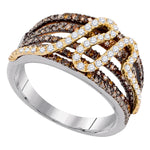 10kt White Gold Womens Round Brown Color Enhanced Diamond Striped Fashion Ring 3/4 Cttw