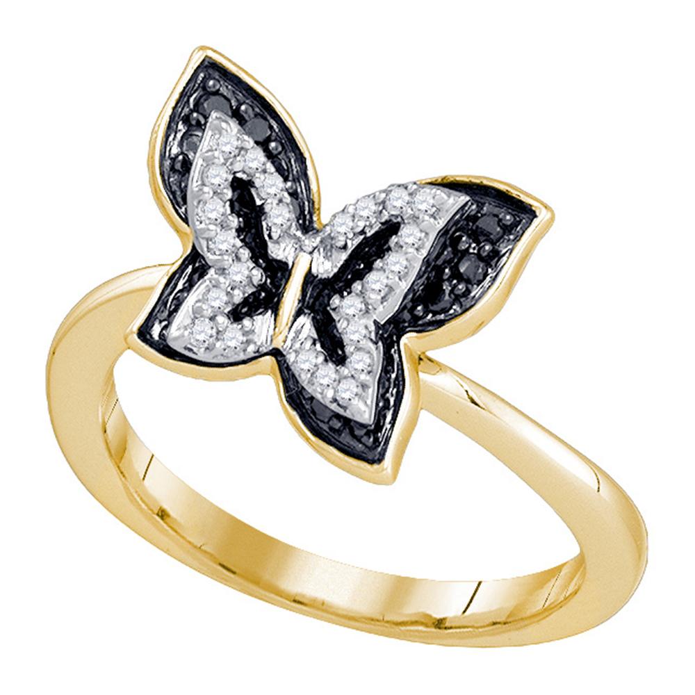 10kt Yellow Gold Womens Round Black Color Enhanced Diamond Butterfly Bug Ring 1/3 Cttw