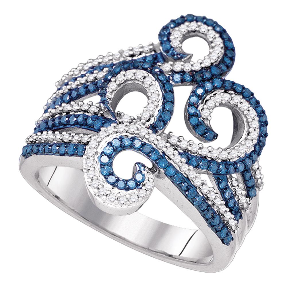 10kt White Gold Womens Round Blue Color Enhanced Diamond Wide Swirl Curl Cocktail Ring 3/4 Cttw