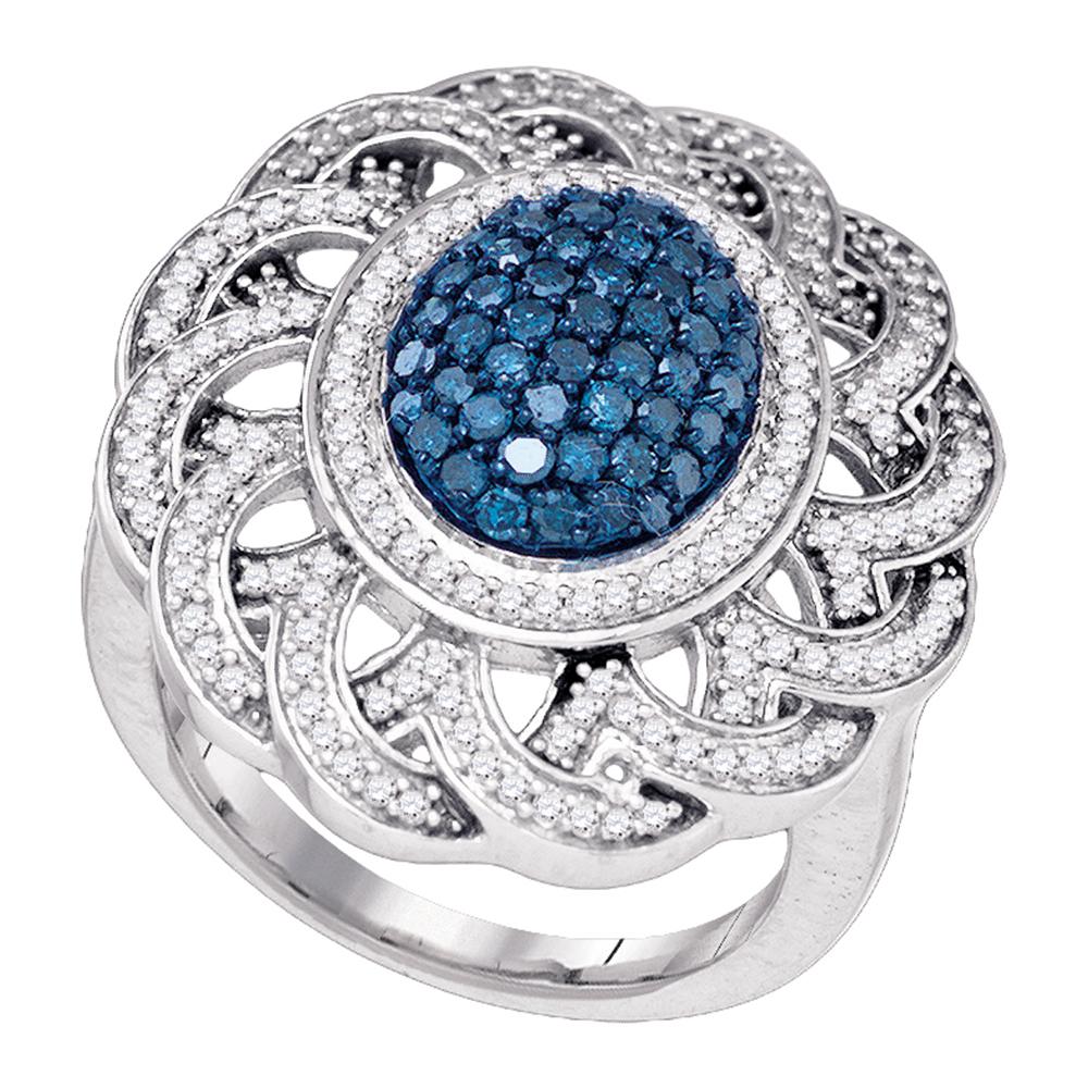 10kt White Gold Womens Round Blue Color Enhanced Diamond Cluster Antique-style Ring 1.00 Cttw