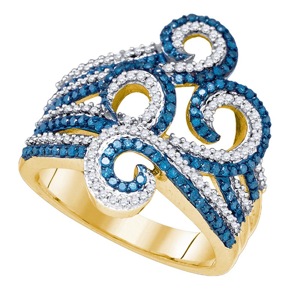 10kt Yellow Gold Womens Round Blue Color Enhanced Diamond Wide Swirl Curl Cocktail Ring 3/4 Cttw