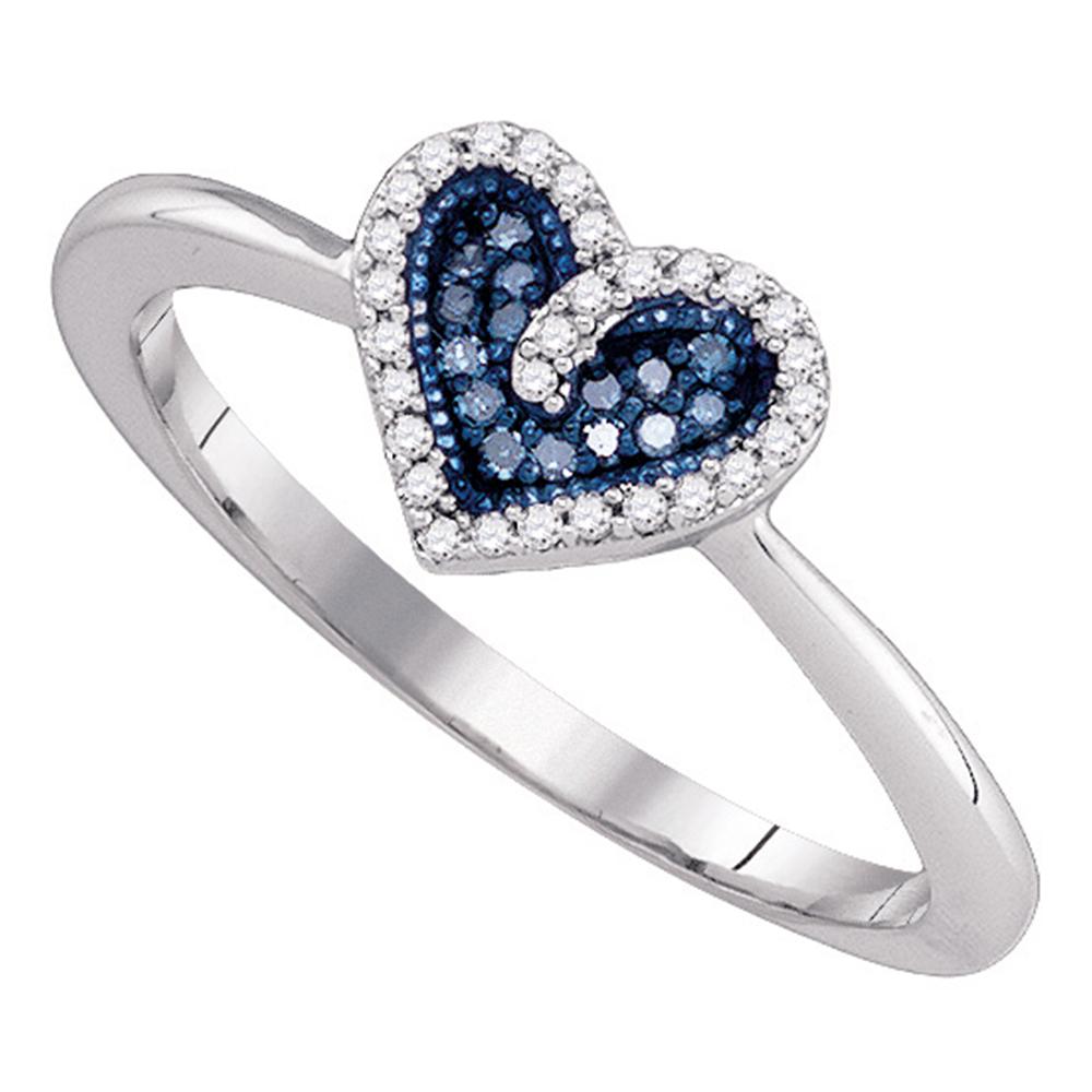 10kt White Gold Womens Round Blue Color Enhanced Diamond Heart Love Ring 1/10 Cttw