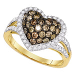 10kt Yellow Gold Womens Round Cognac-brown Color Enhanced Diamond Heart Love Ring 1-3/8 Cttw