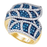 10kt Yellow Gold Womens Round Blue Color Enhanced Diamond Leaf Flower Stripe Fashion Ring 2.00 Cttw