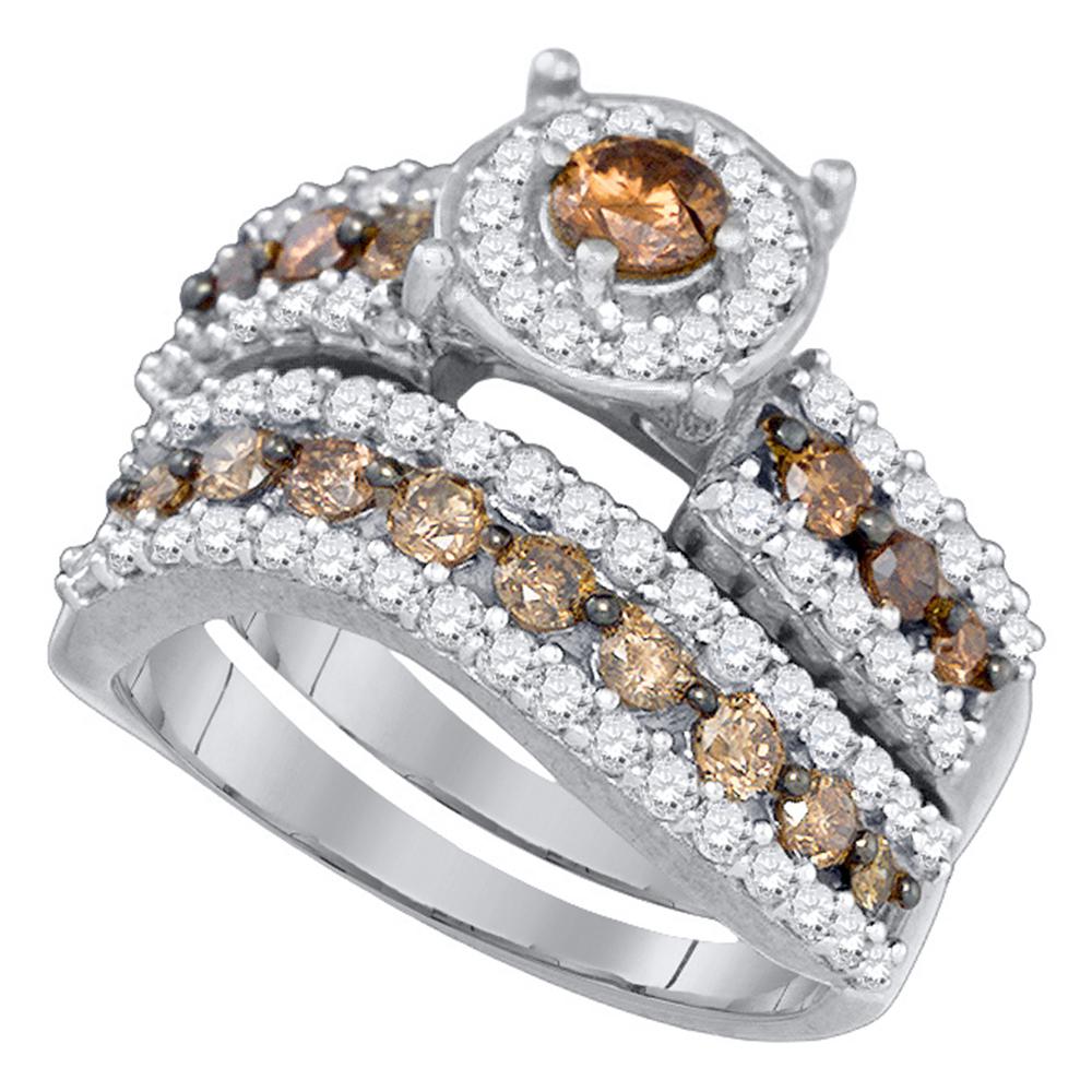 10kt White Gold Womens Round Cognac-brown Color Enhanced Diamond Bridal Wedding Engagement Ring Band Set 1-3/4 Cttw