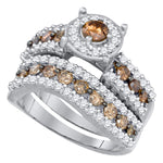 10kt White Gold Womens Round Cognac-brown Color Enhanced Diamond Bridal Wedding Engagement Ring Band Set 1-3/4 Cttw