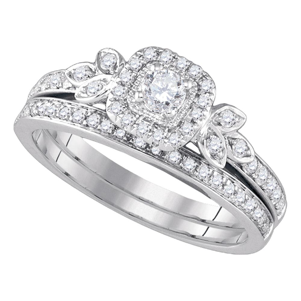 14kt White Gold Womens Round Diamond Floral Halo Bridal Wedding Engagement Ring Band Set 1/2 Cttw