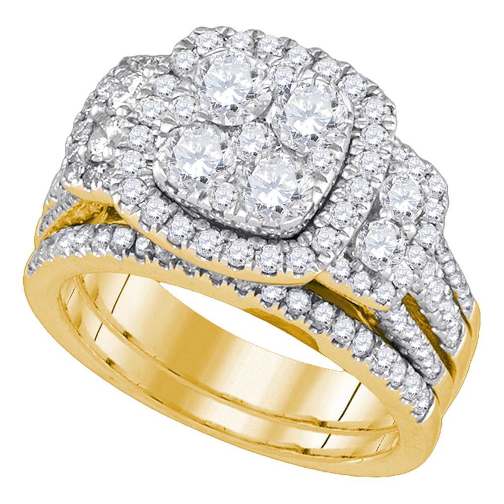 14kt Yellow Gold Womens Round Diamond Cluster Bridal Wedding Engagement Ring Band Set 2.00 Cttw