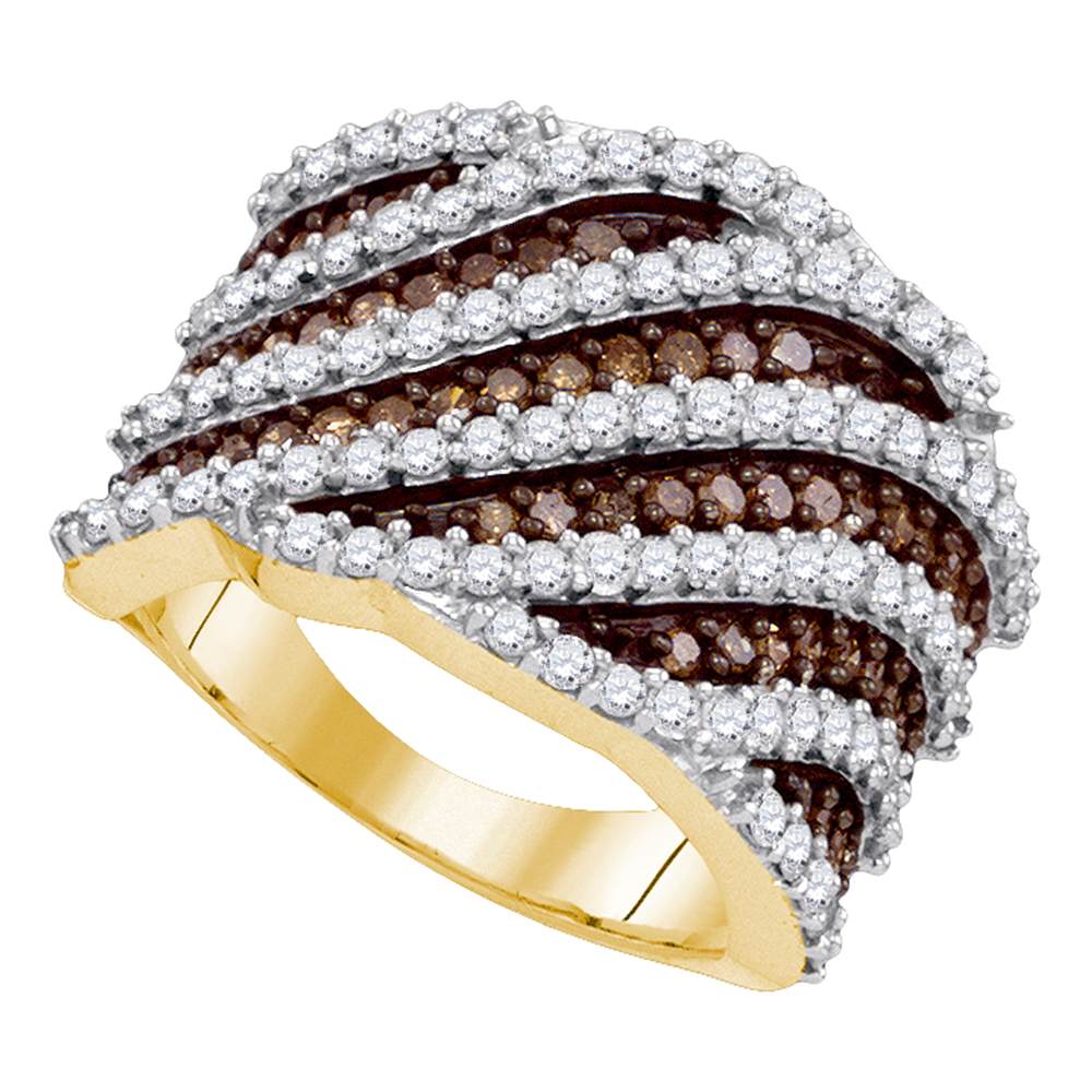 10kt Yellow Gold Womens Round Brown Color Enhanced Diamond Diagonal Stripe Fashion Ring 1-7/8 Cttw