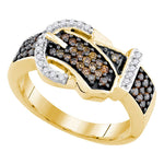 10kt Yellow Gold Womens Round Brown Color Enhanced Diamond Belt Buckle Band Ring 1/2 Cttw