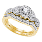 10k Yellow Gold Womens Round Diamond Halo Woven Twist Bridal Wedding Engagement Ring Set 3/8