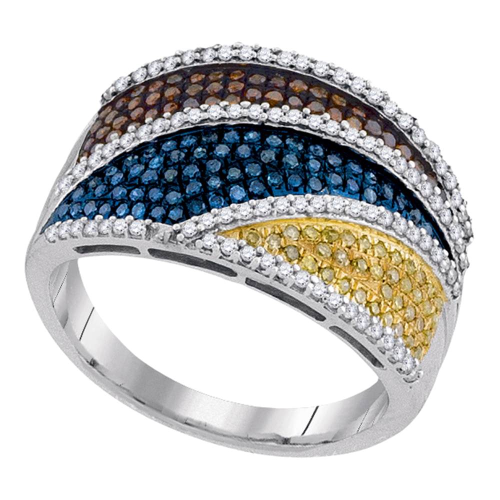 10kt White Gold Womens Round Multicolor Enhanced Diamond Striped Fashion Ring 3/4 Cttw