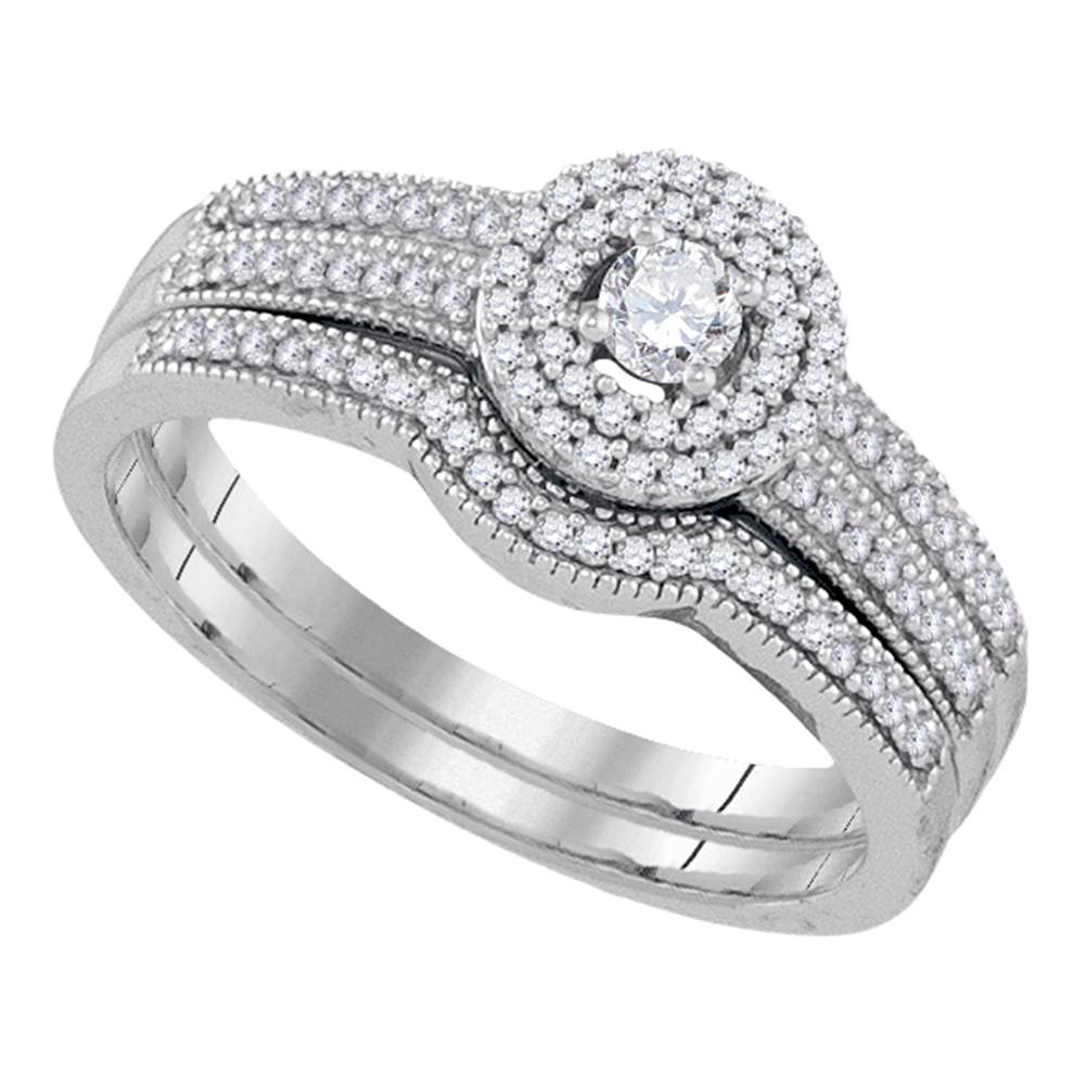 10k White Gold Womens Round Diamond Halo Bridal Wedding Engagement Ring Band Set 1/3 Cttw