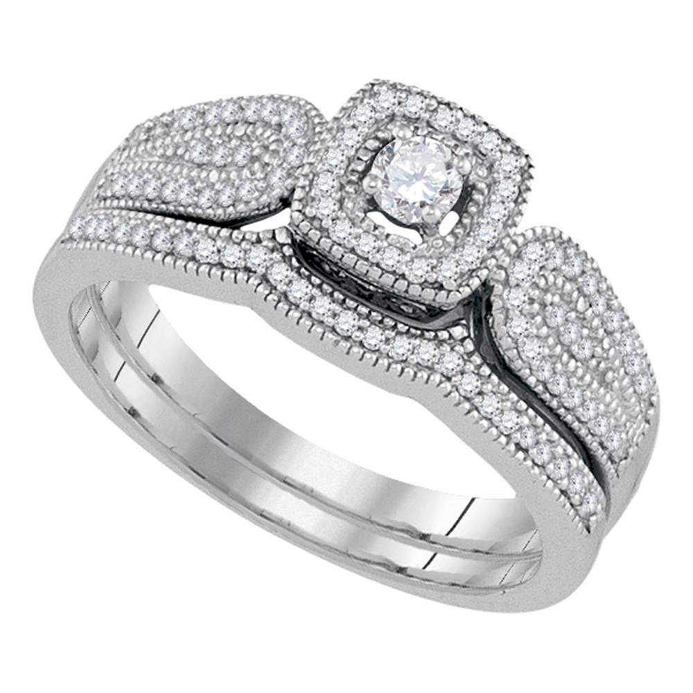 10kt White Gold Womens Round Diamond Square Halo Bridal Wedding Engagement Ring Band Set 1/3 Cttw