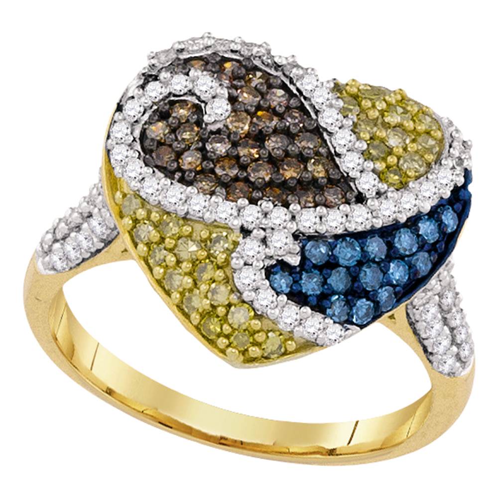 10kt Yellow Gold Womens Round Blue Cognac-brown Yellow Color Enhanced Diamond Heart Ring 1-1/20 Cttw