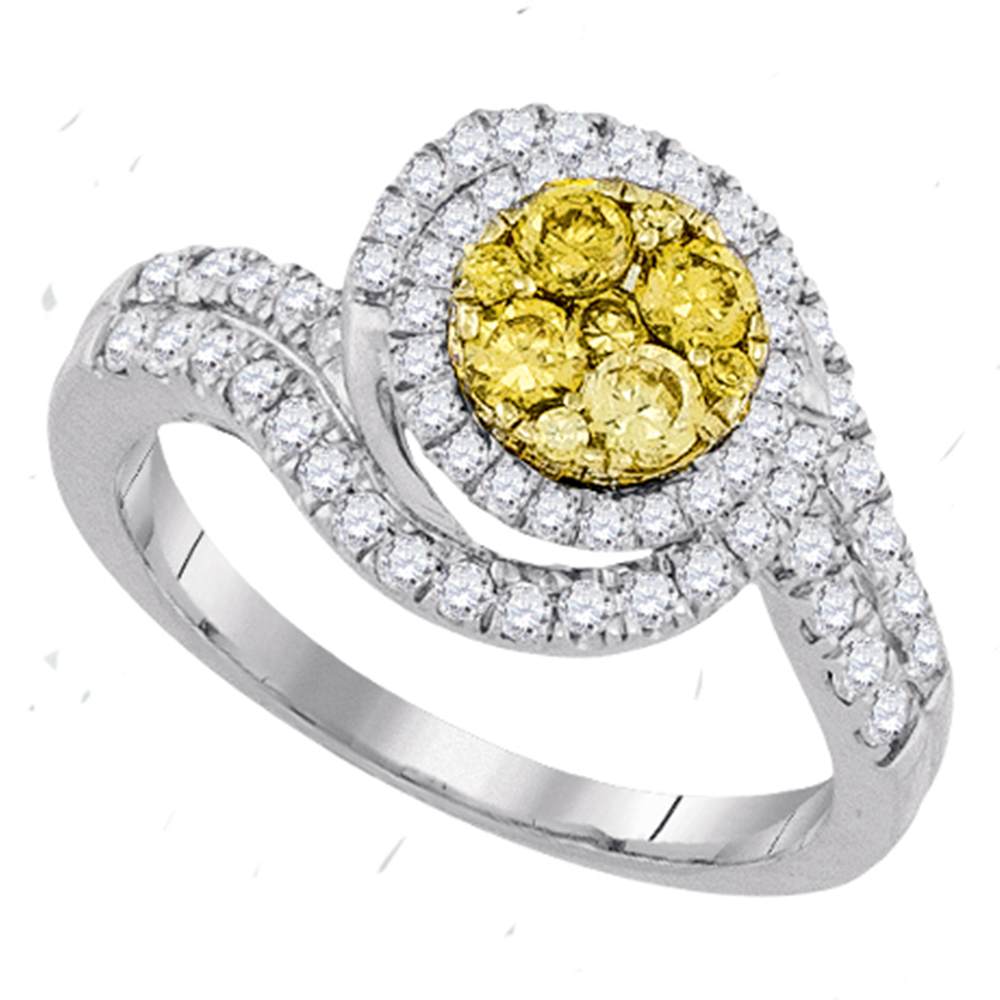 14kt White Gold Womens Round Yellow Diamond Halo Cluster Swirl Ring 1.00 Cttw