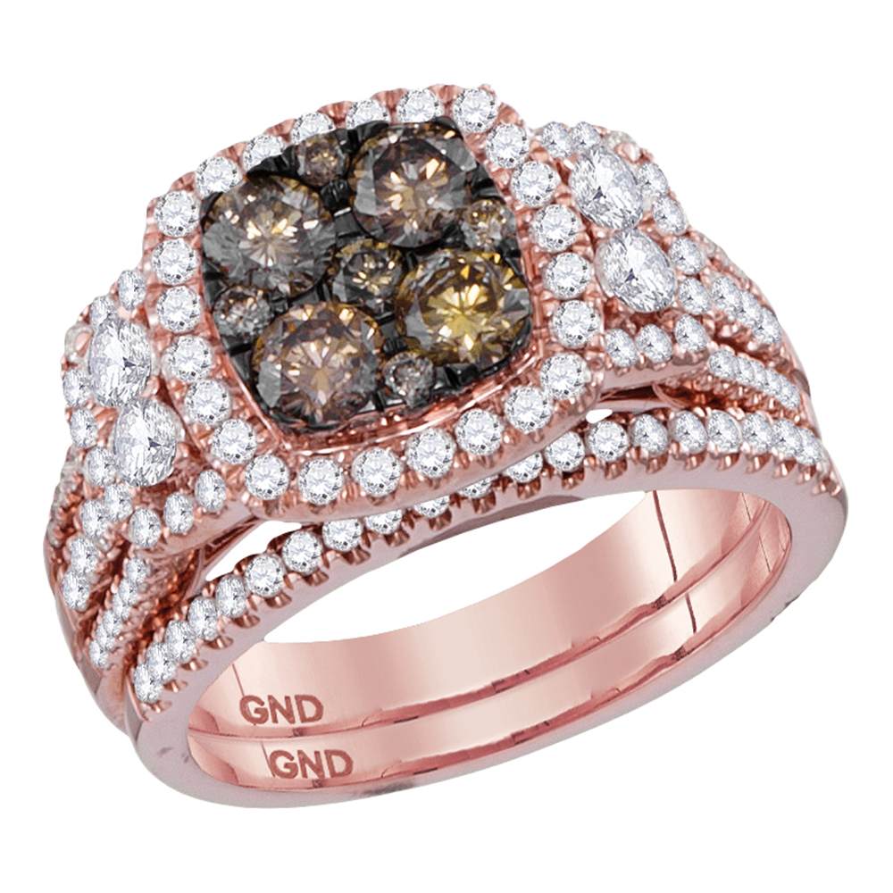 14kt Rose Gold Womens Round Brown Diamond Bridal Wedding Engagement Ring Band Set 2.00 Cttw