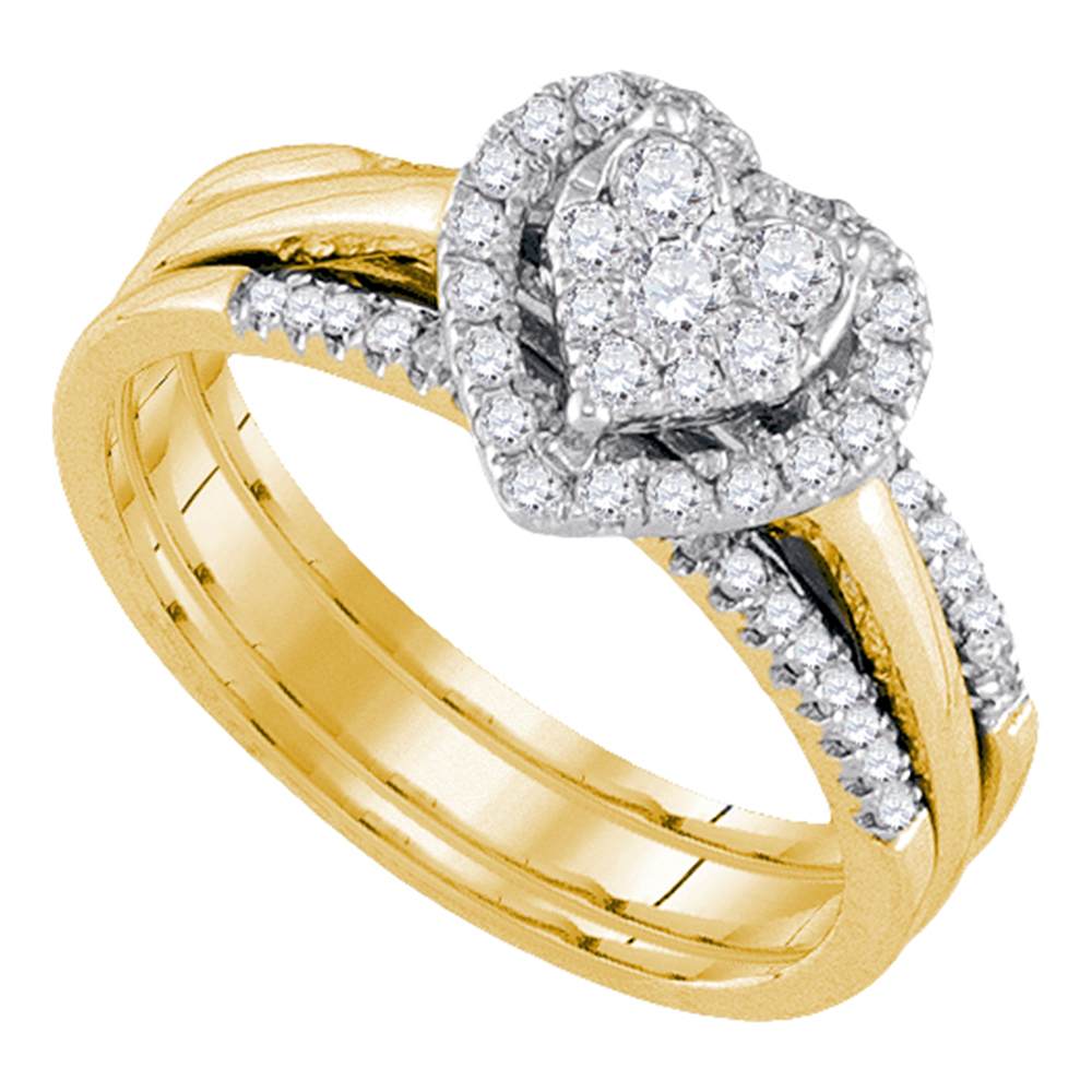 14kt Yellow Gold Womens Diamond Heart Bridal Wedding Engagement Ring Band Set 1/2 Cttw